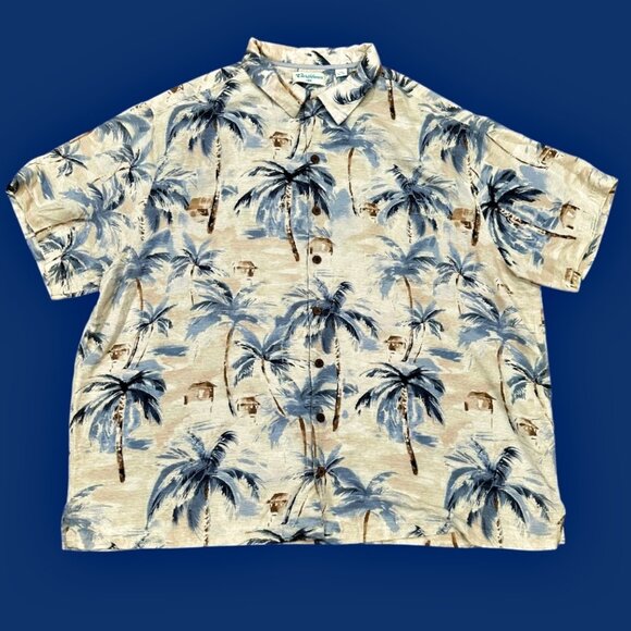 Caribbean SILK Mens Hawaiian Shirt Size 3XB Tan Blue Palm Trees Tropical Camp - Picture 1 of 8